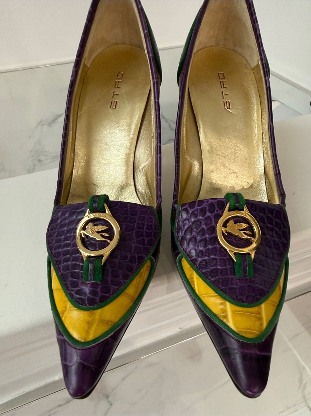 NWOT Vintage ETRO Archival Pegaso Croc Pointed Toe Pumps 38.5